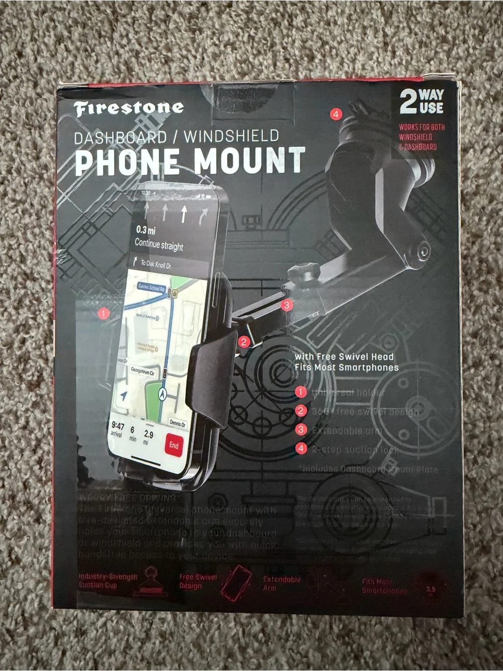 Firestone Black Dashboard & Windshield Phone Mount - Extendable Arm